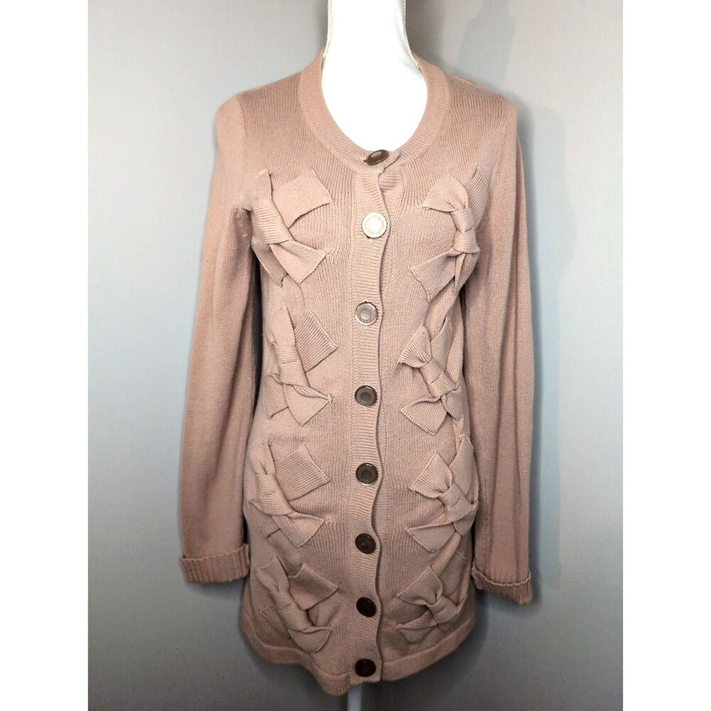 Bow Cardigan Medium Neutral Knit Button Front Statement Sweater